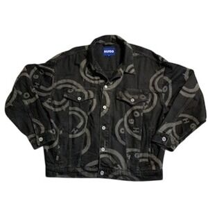 HUGO Hugo Boss Mens Black Denim Jacket All Over Smiley Logo Graphic Print Medium